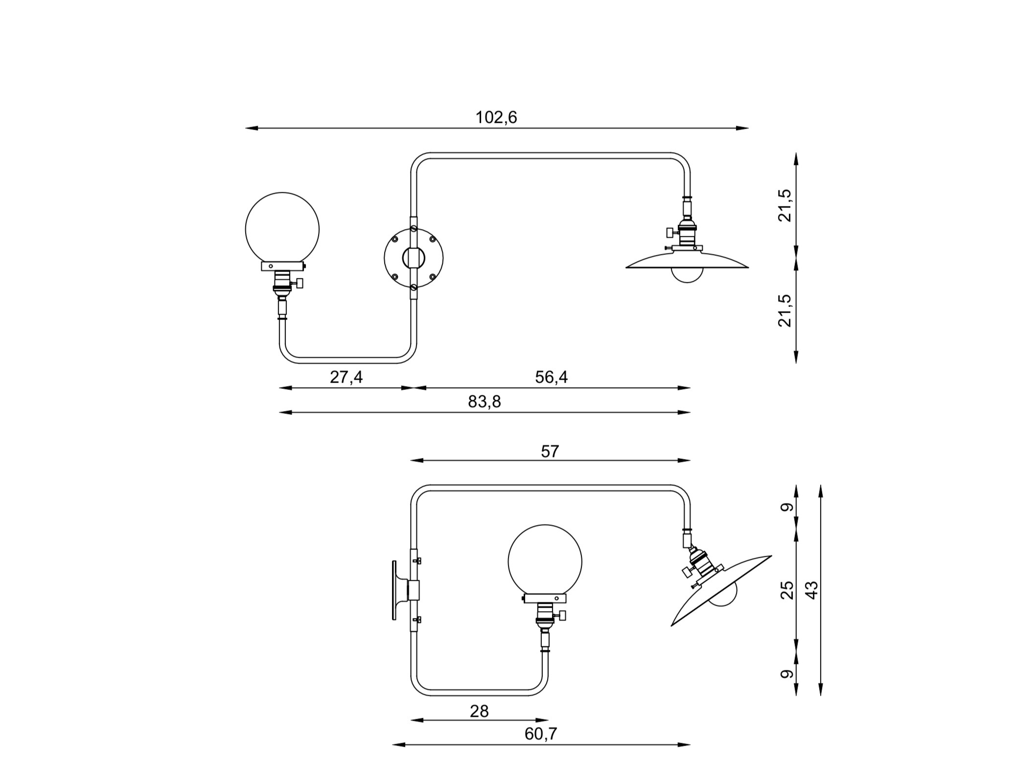 Double sconce technical drawing dwg wall lamp